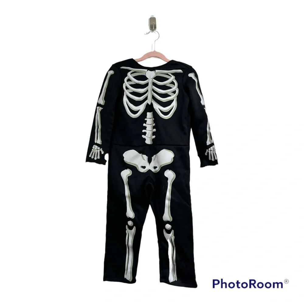 Kids Skeleton Halloween Costume Glow Bone Print Hooded Jumpsuit Toddler 2-4T